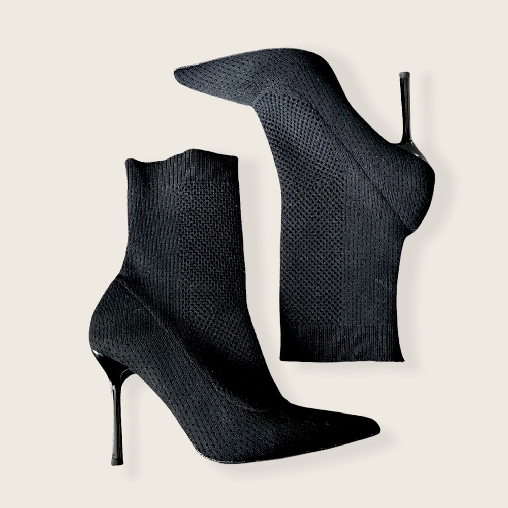 Zara Trafaluc Black Stretchy Sock Mesh Pointed Toe Ankle Boot Stiletto Heels - Picture 15 of 16